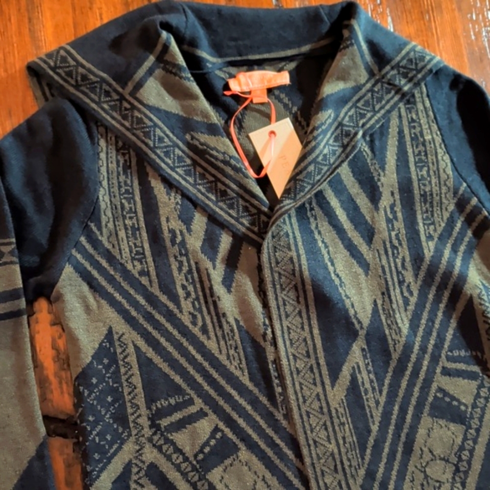 Peachpuff Green Geometric Patterned Long Open Cardigan Size Small NEW